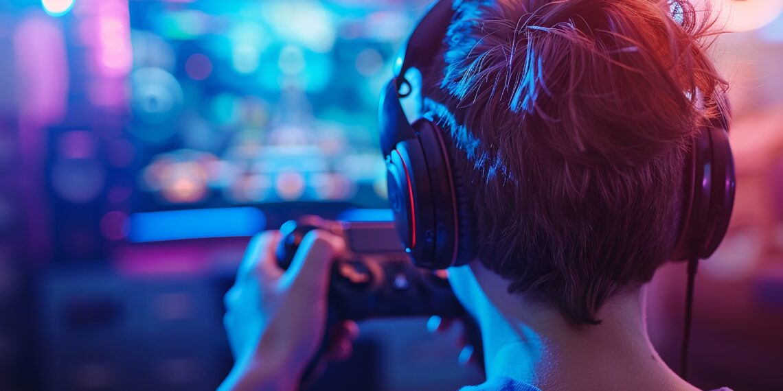 A gamer with joystick in front of a blurred screen fo a TV