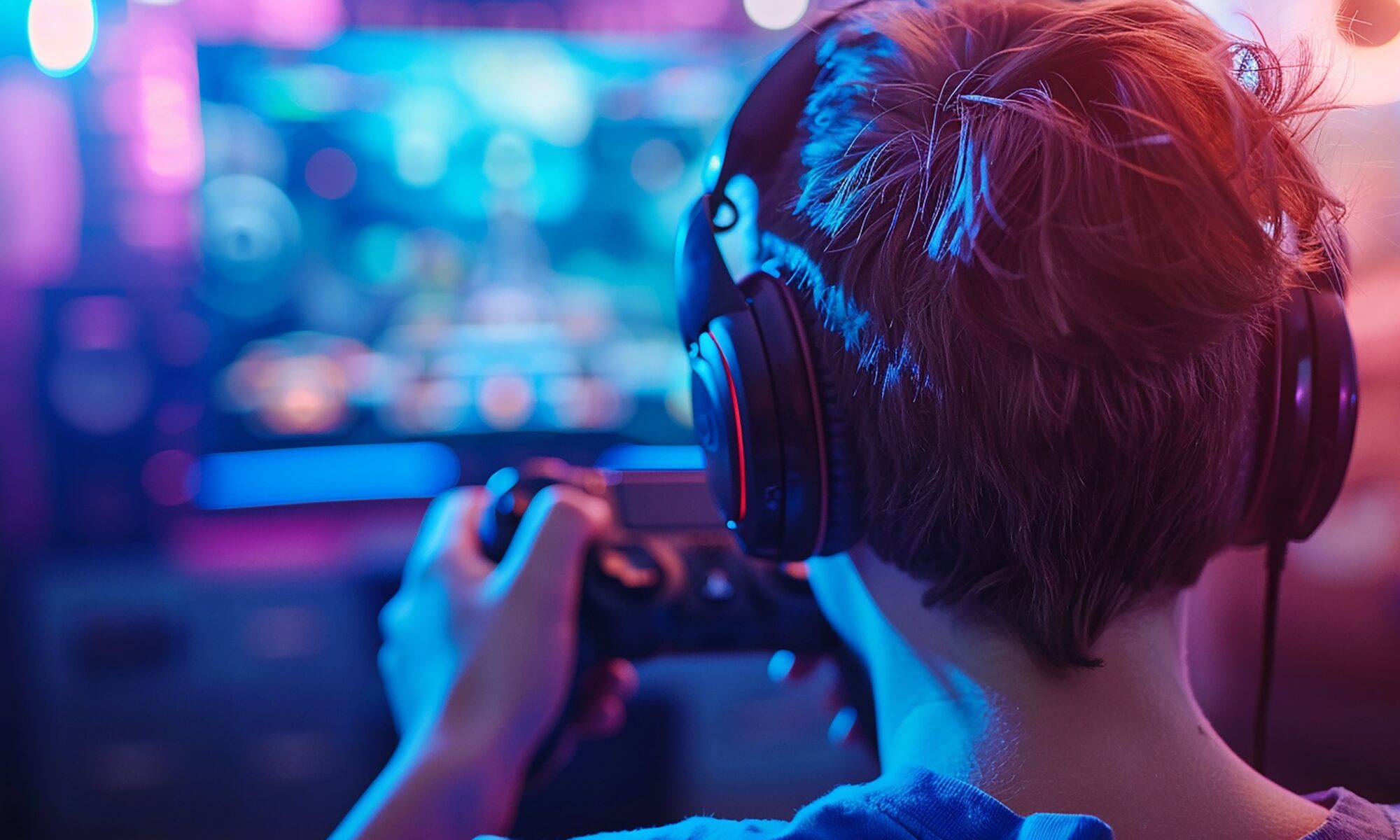 A gamer with joystick in front of a blurred screen fo a TV