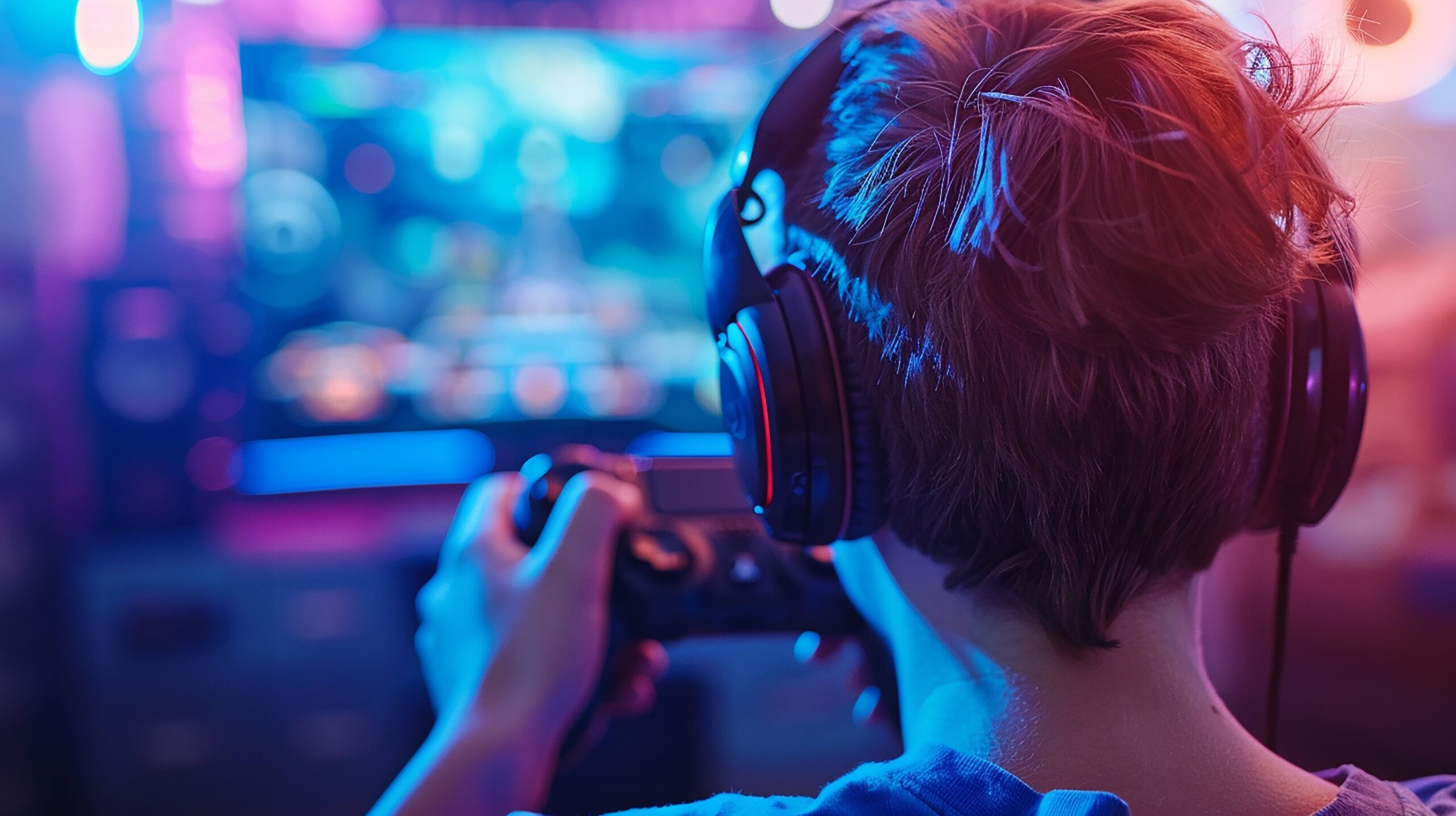 A gamer with joystick in front of a blurred screen fo a TV