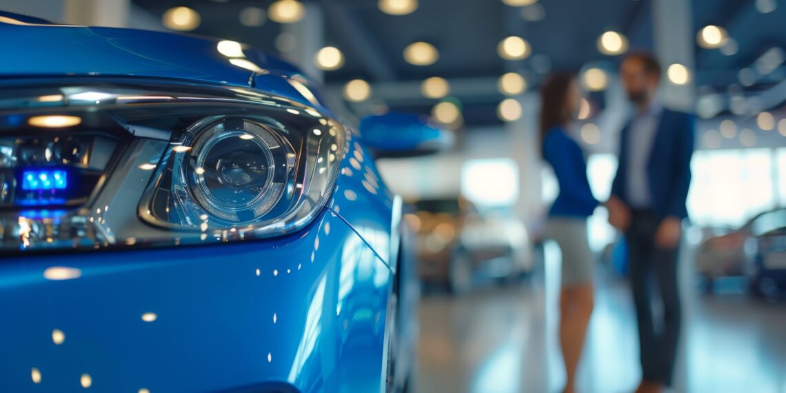 blue car and man and a woman striking a deal