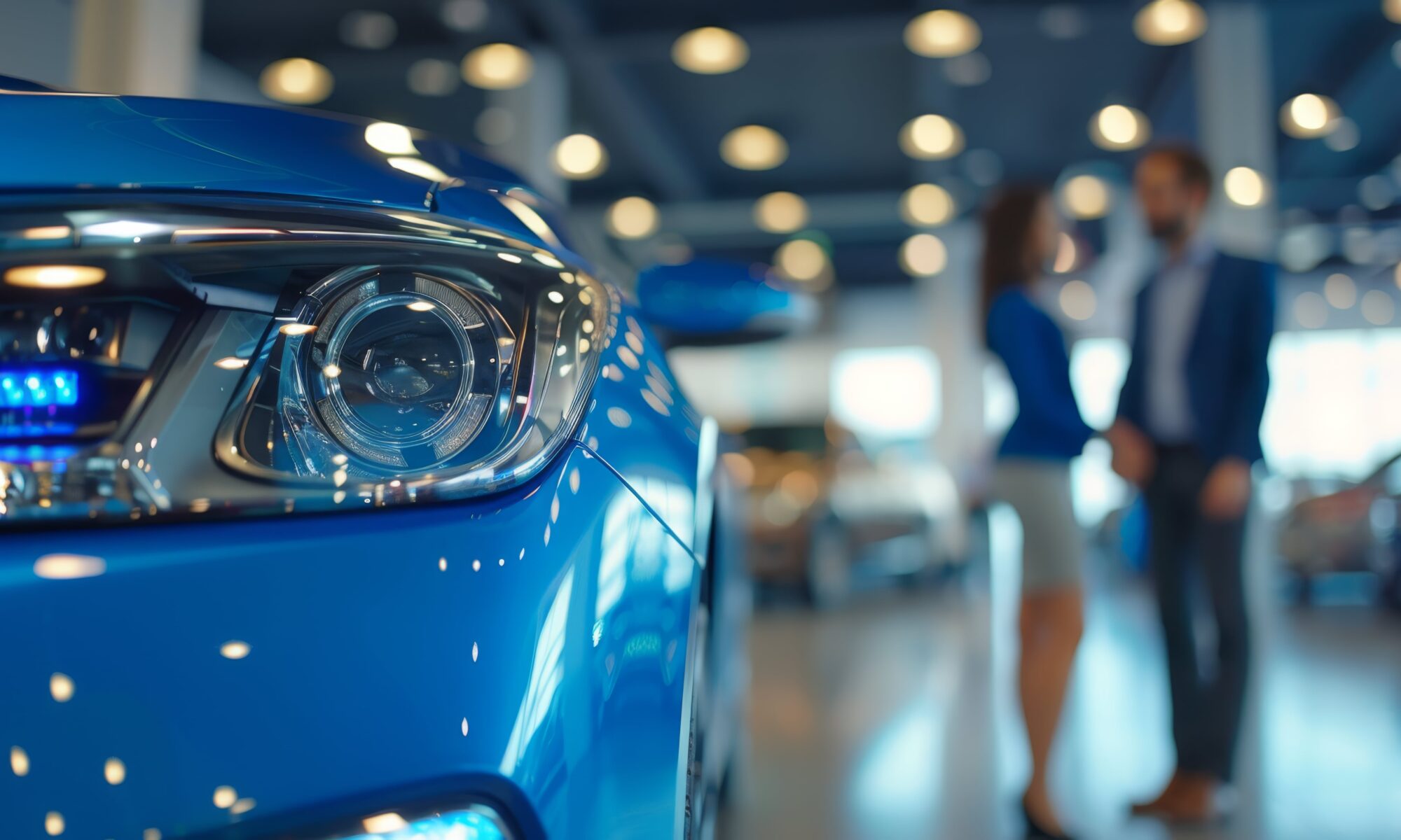 blue car and man and a woman striking a deal