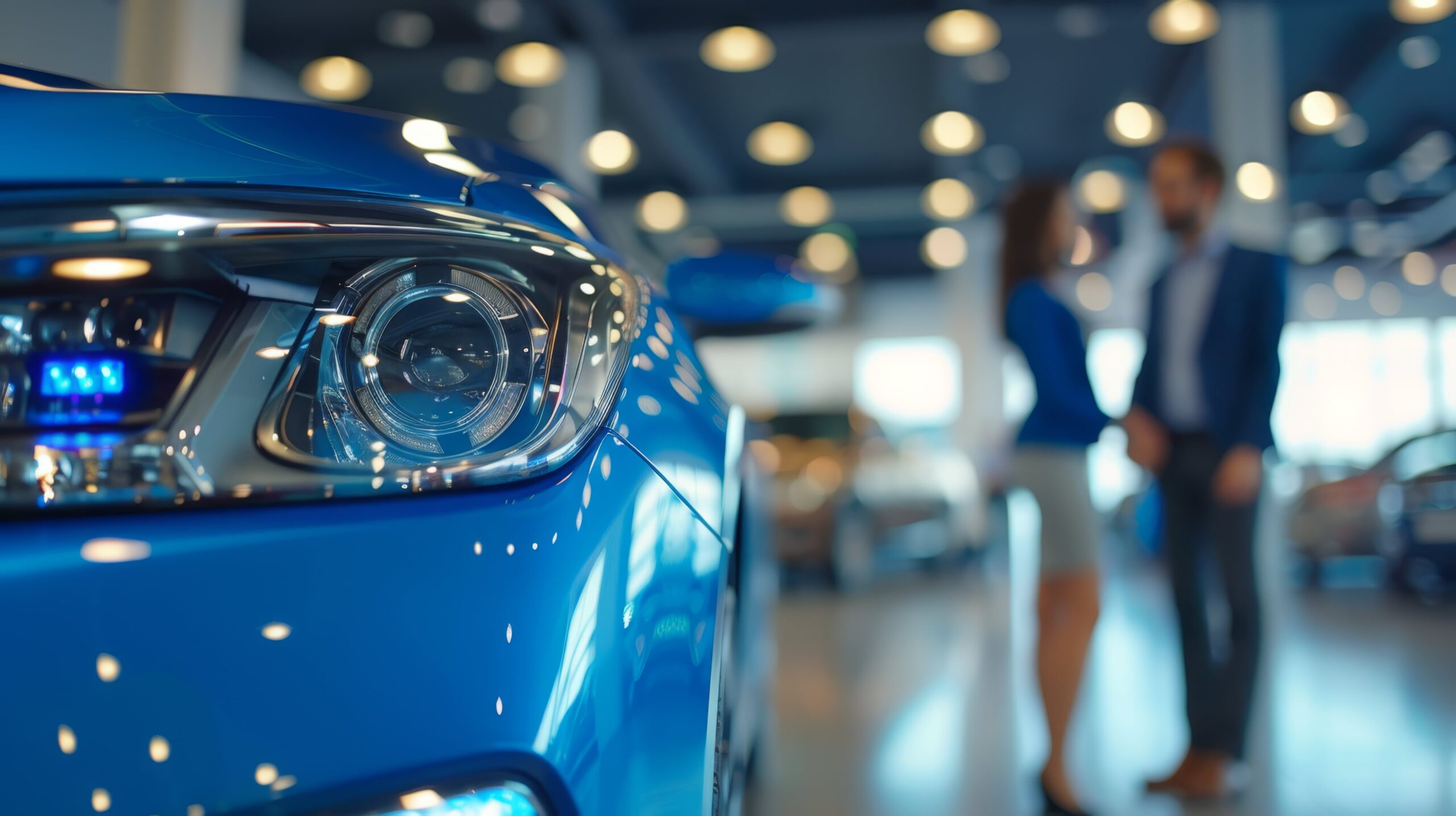 blue car and man and a woman striking a deal