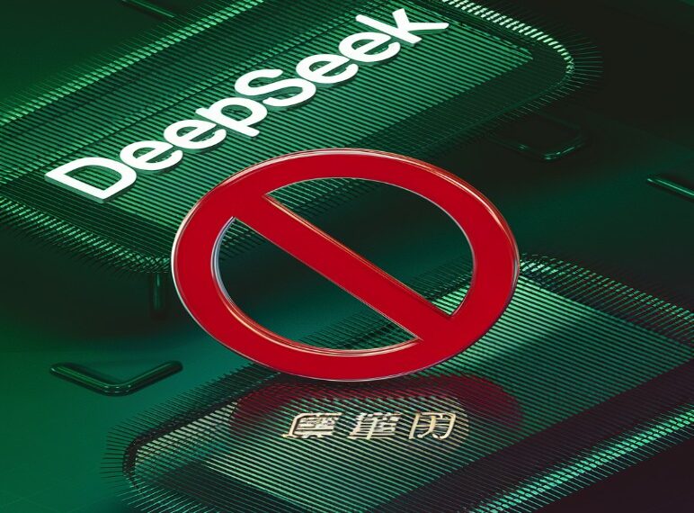 DeepSeek logo on green background and an AI ban sign