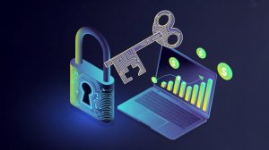 digital illustration of a glowing padlock being unlocked by a golden key made of circuit board traces.