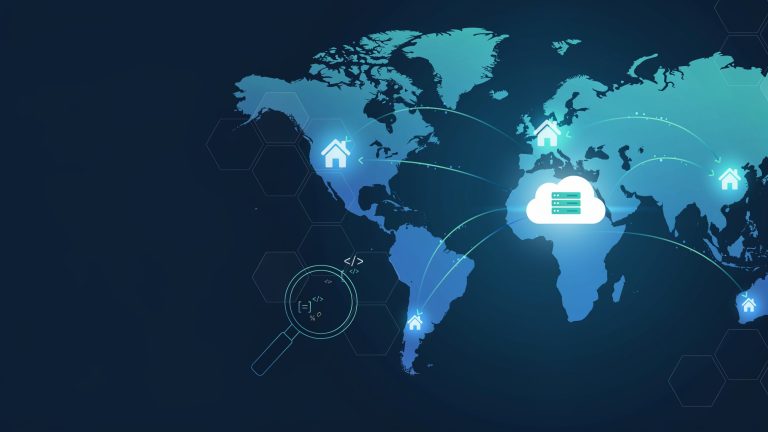 a global network connected by flowing data lines to a central server/cloud icon